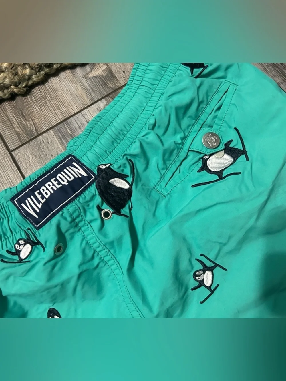 Vilebrequin special edition embroidered penguin Mistral swim trunks teal aqua